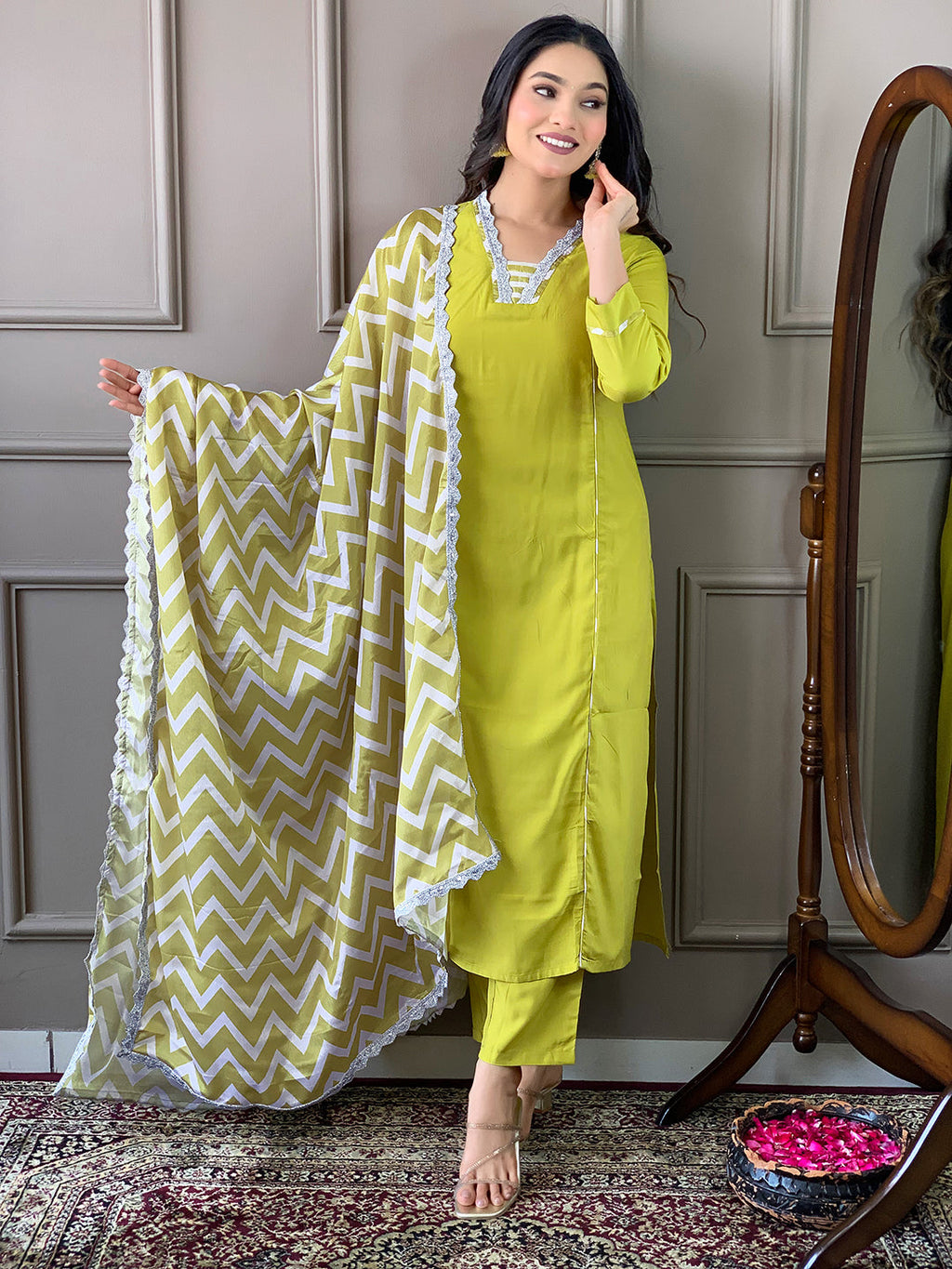 The52 Lemon Women Embroidered Viscose Straight Kurta Pant Dupatta Set | Grocsy