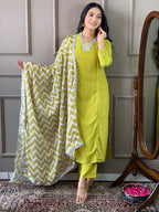The52 Lemon Women Embroidered Viscose Straight Kurta Pant Dupatta Set | Grocsy