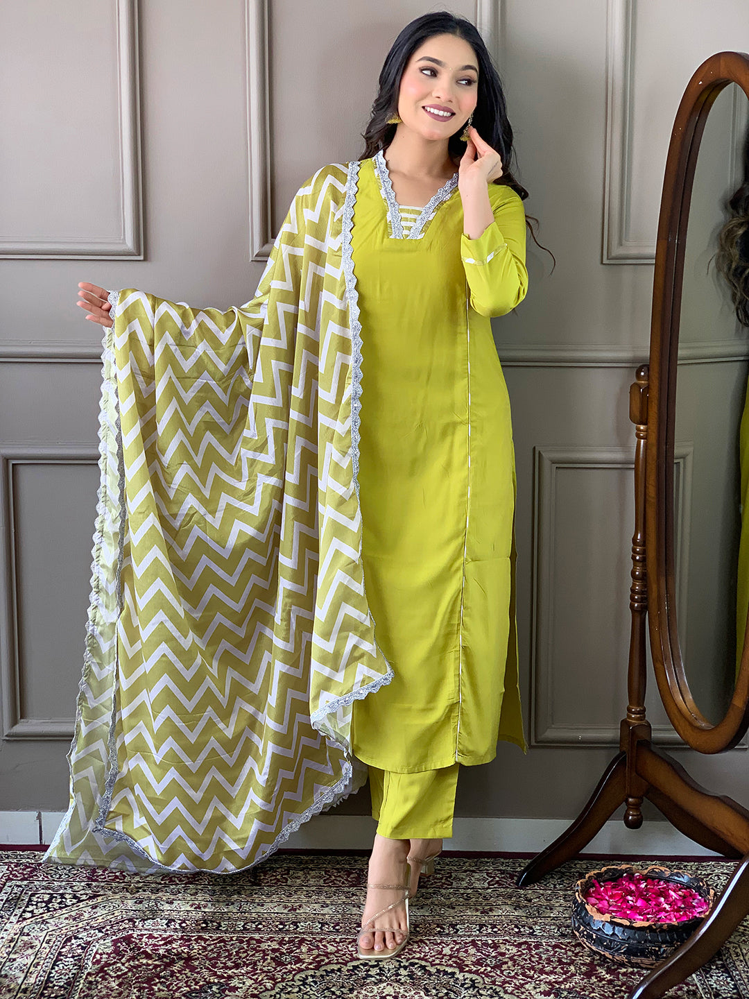 The52 Lemon Women Embroidered Viscose Straight Kurta Pant Dupatta Set | Grocsy