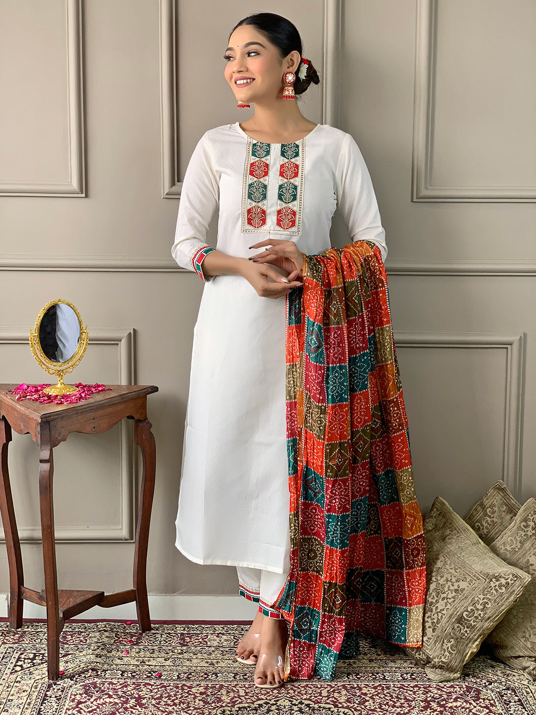 The52 White Embroidered Viscose Fabric Straight Kurta, Pant and Dupatta Set | Grocsy