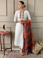 The52 White Embroidered Viscose Fabric Straight Kurta, Pant and Dupatta Set | Grocsy
