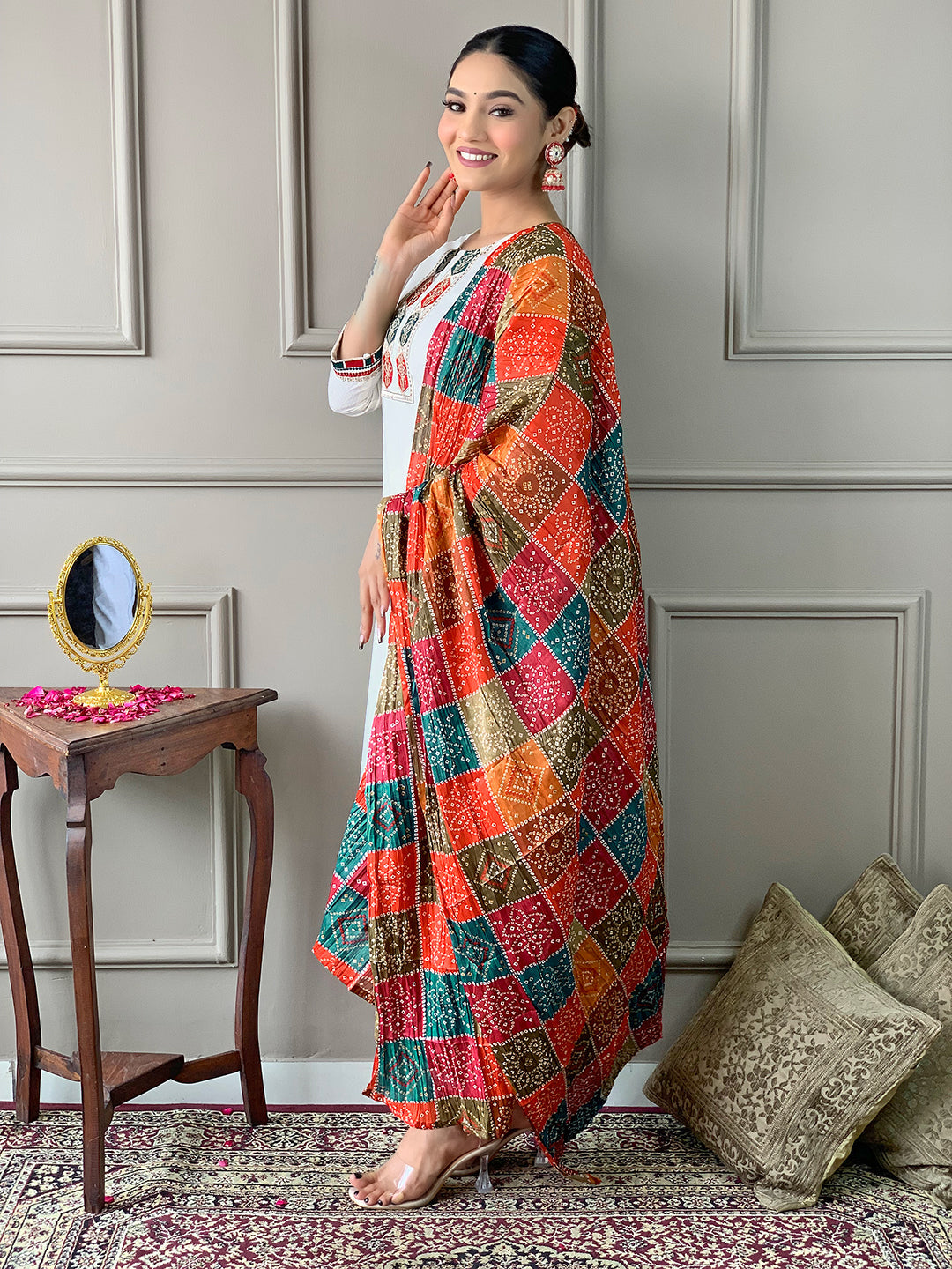 The52 White Embroidered Viscose Fabric Straight Kurta, Pant and Dupatta Set | Grocsy