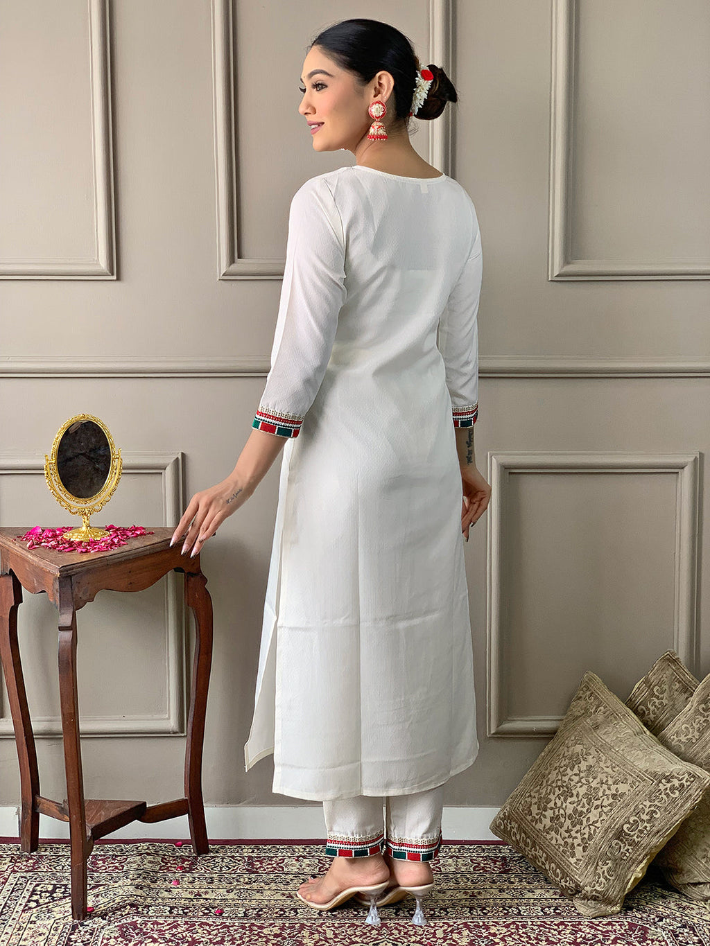 The52 White Embroidered Viscose Fabric Straight Kurta, Pant and Dupatta Set | Grocsy