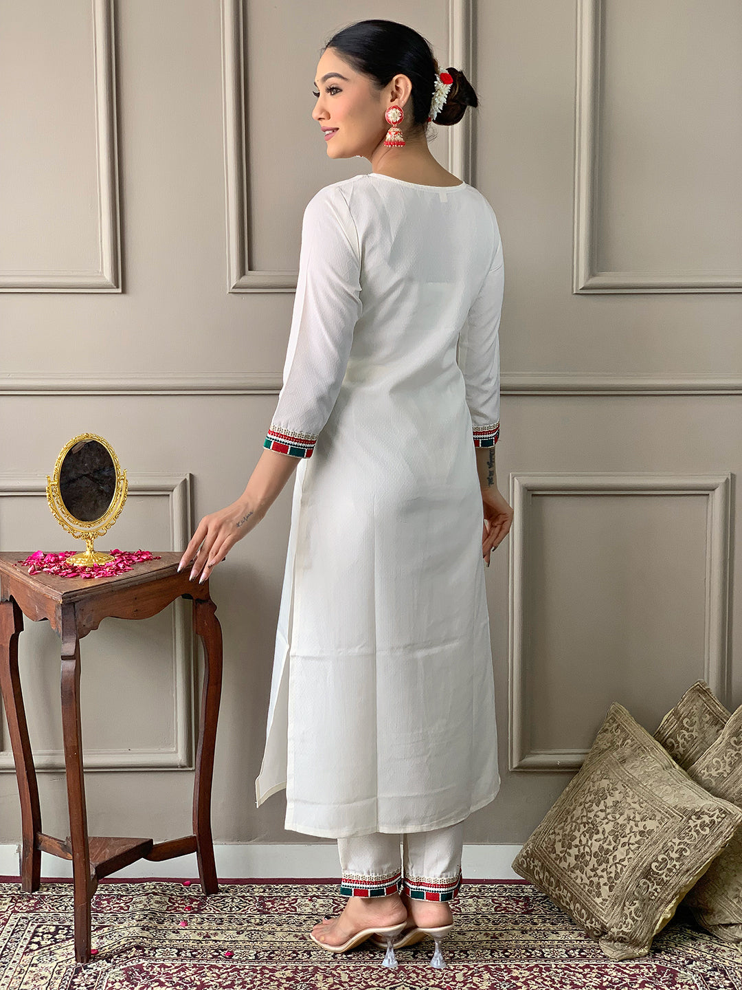 The52 White Embroidered Viscose Fabric Straight Kurta, Pant and Dupatta Set | Grocsy