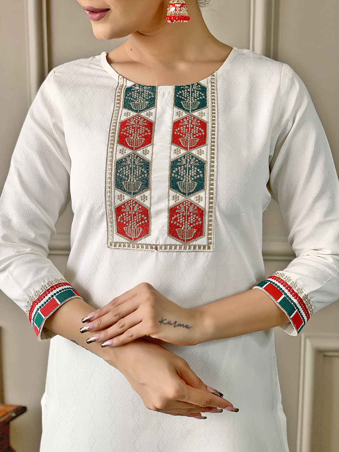 The52 White Embroidered Viscose Fabric Straight Kurta, Pant and Dupatta Set | Grocsy