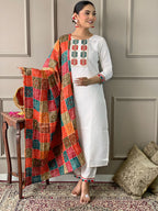 The52 White Embroidered Viscose Fabric Straight Kurta, Pant and Dupatta Set | Grocsy