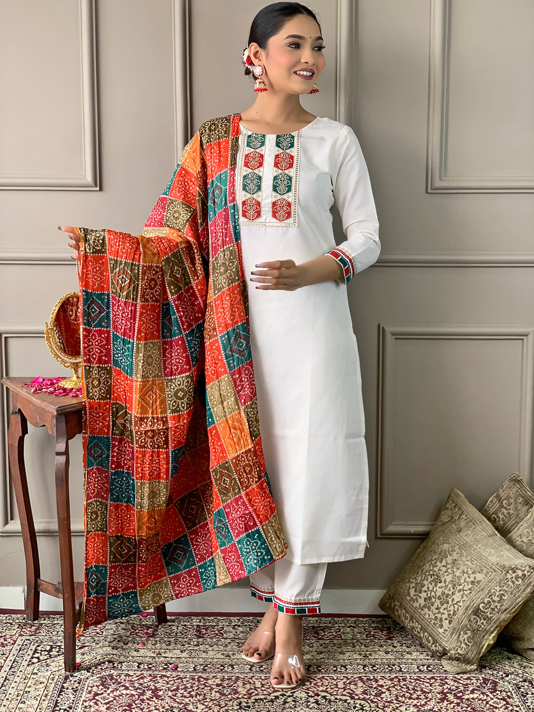 The52 White Embroidered Viscose Fabric Straight Kurta, Pant and Dupatta Set | Grocsy