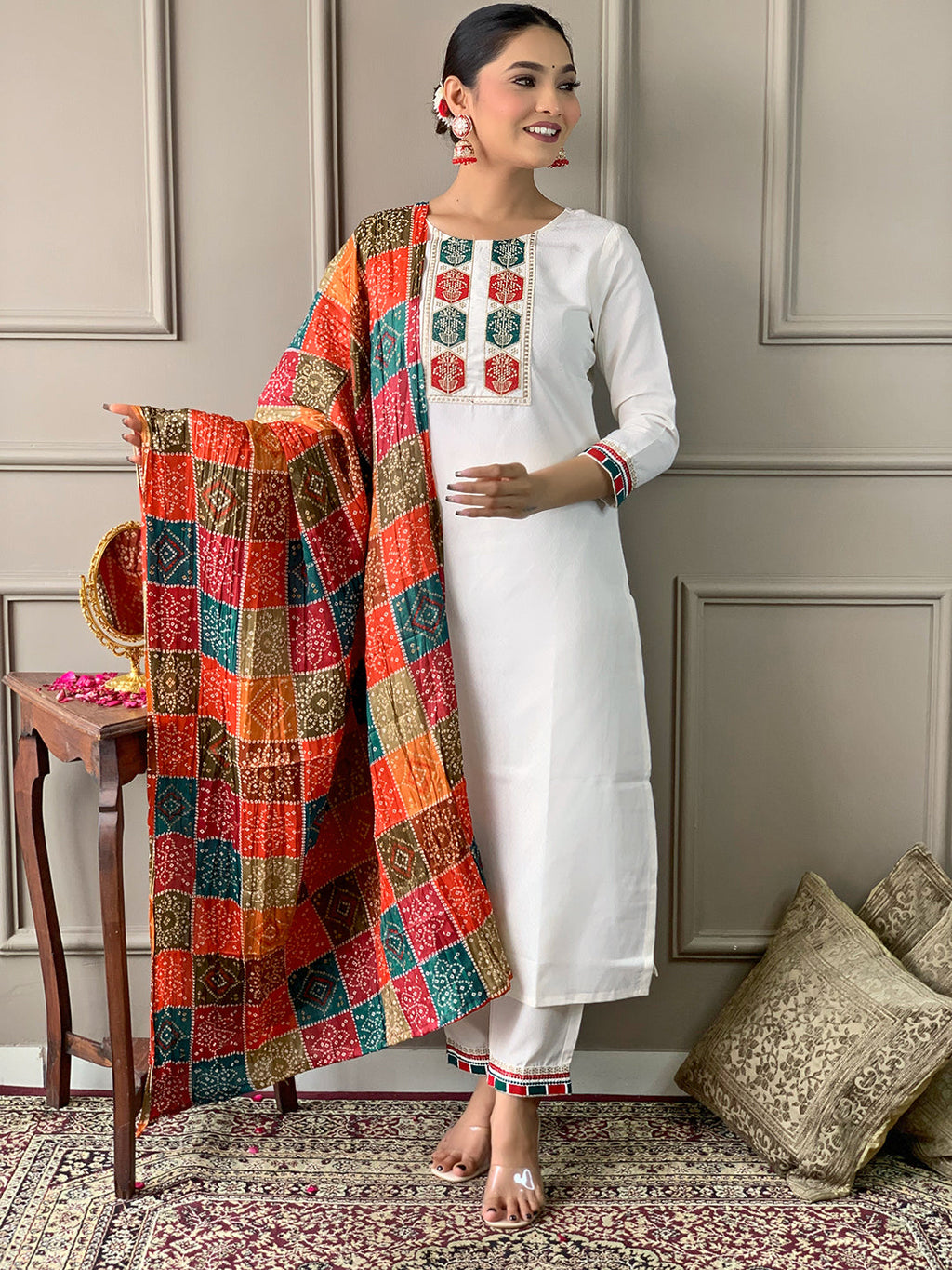The52 White Embroidered Viscose Fabric Straight Kurta, Pant and Dupatta Set | Grocsy