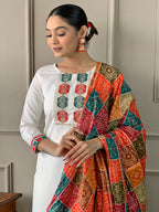 The52 White Embroidered Viscose Fabric Straight Kurta, Pant and Dupatta Set | Grocsy