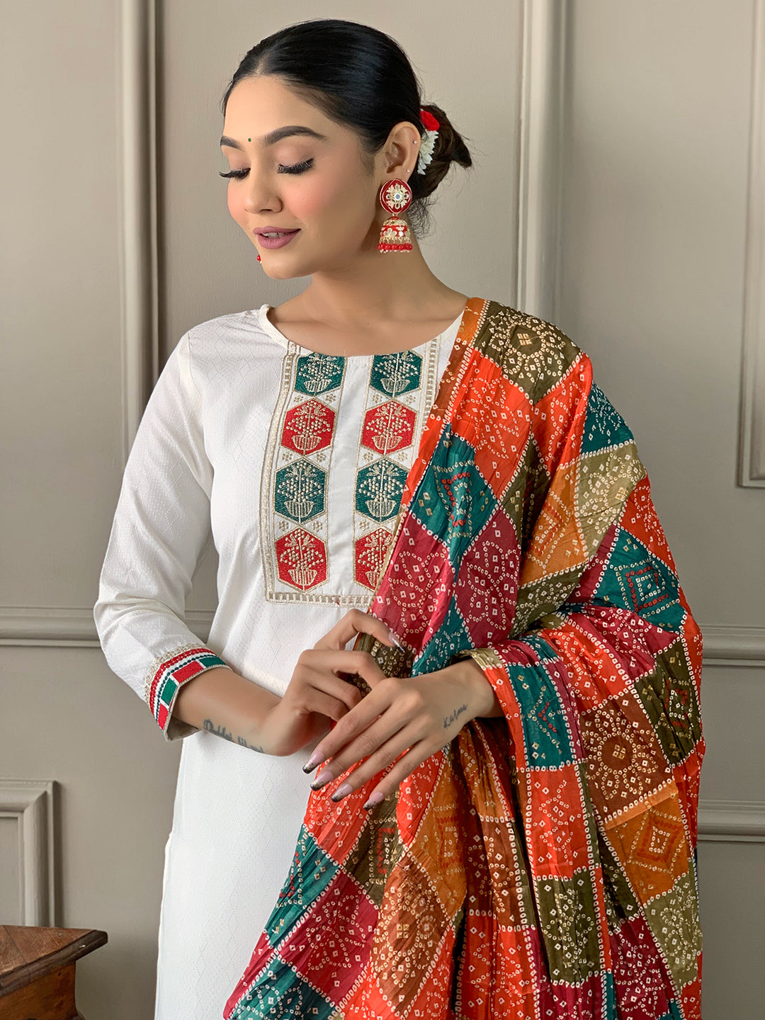 The52 White Embroidered Viscose Fabric Straight Kurta, Pant and Dupatta Set | Grocsy