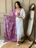 The52 Women White Chanderi Embroidered Kurta Pant Dupatta Set | Grocsy