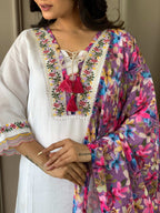 The52 Women White Chanderi Embroidered Kurta Pant Dupatta Set | Grocsy