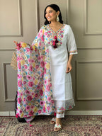 The52 Women White Chanderi Embroidered Kurta Pant Dupatta Set | Grocsy