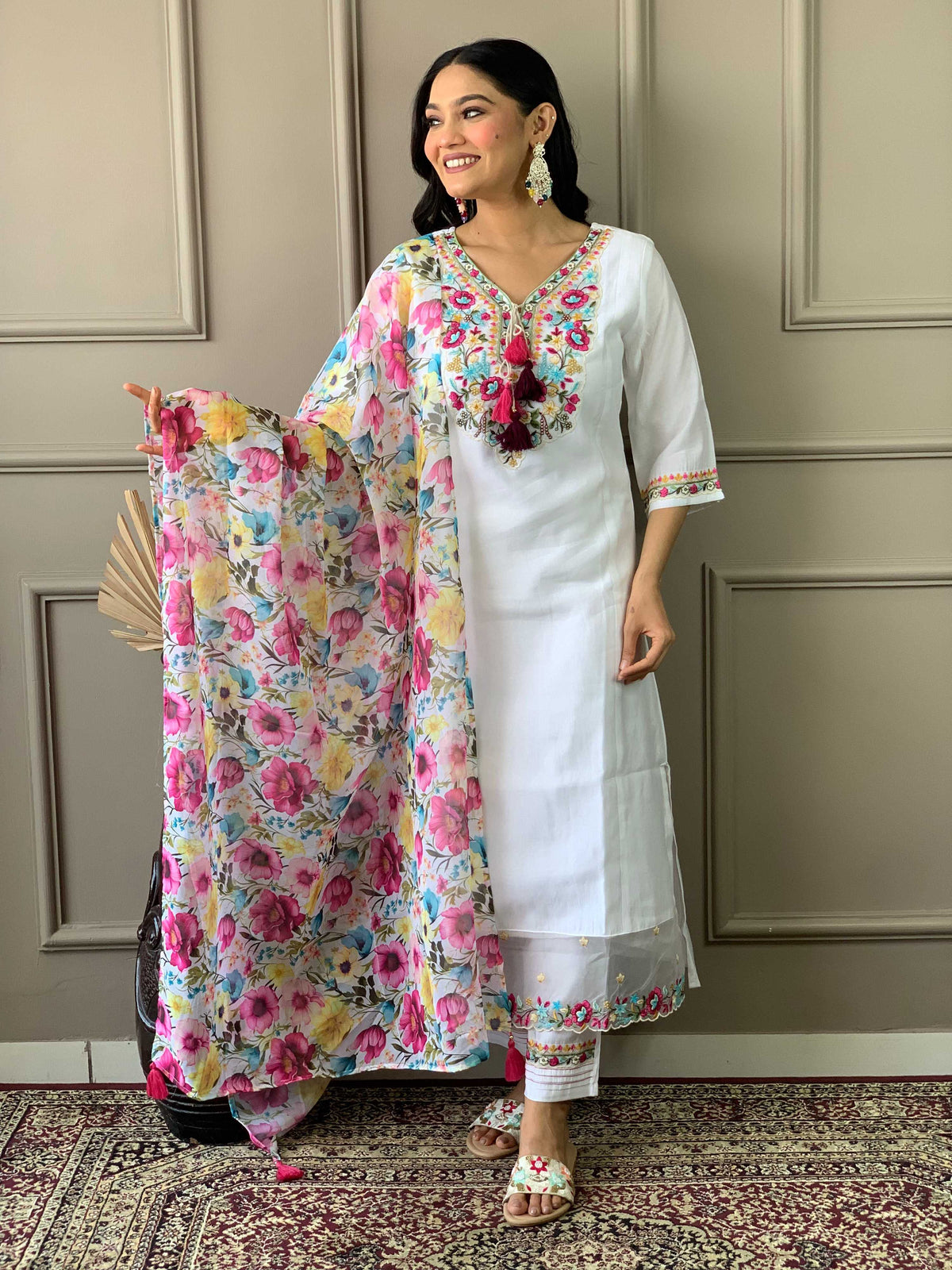 The52 Women White Chanderi Embroidered Kurta Pant Dupatta Set | Grocsy