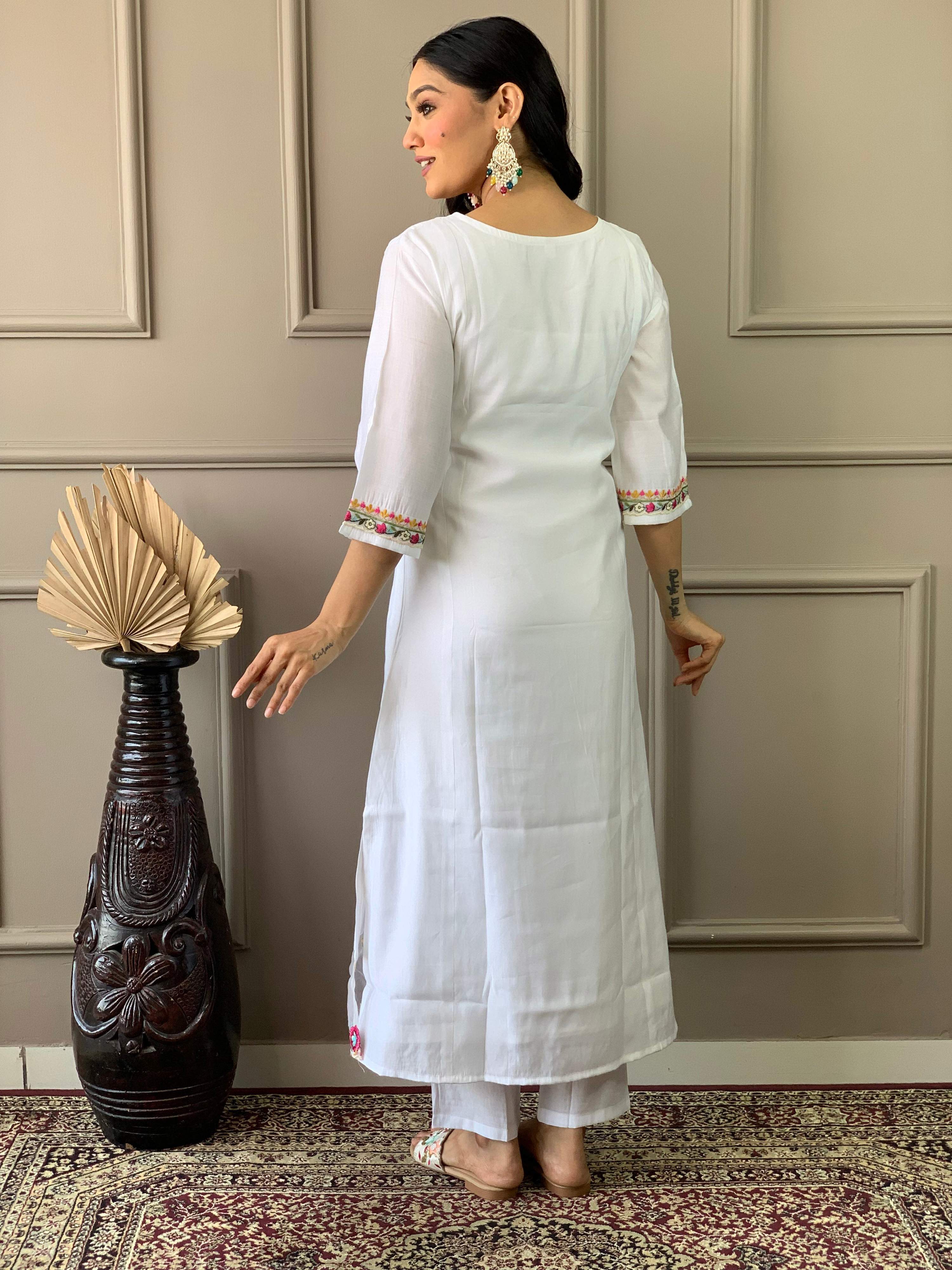 The52 Women White Chanderi Embroidered Kurta Pant Dupatta Set | Grocsy