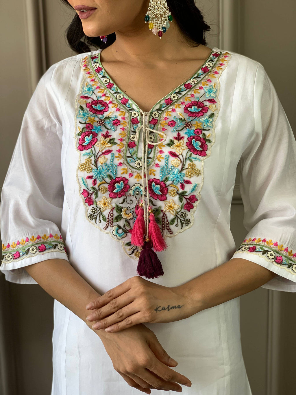 The52 Women White Chanderi Embroidered Kurta Pant Dupatta Set | Grocsy