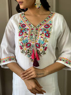 The52 Women White Chanderi Embroidered Kurta Pant Dupatta Set | Grocsy