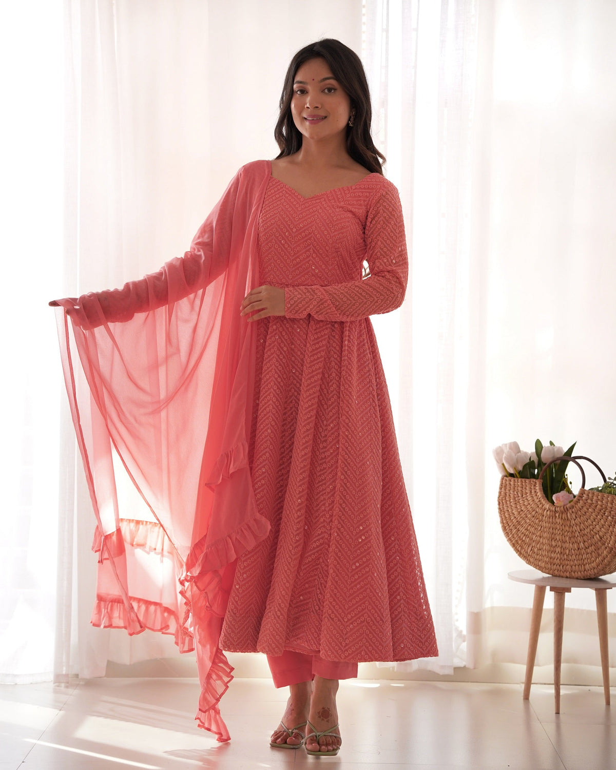 Lehenga Mart Peach Faux Georgette Classic Lukhnowi Georgette Fabric Anarkali Suit Set | Grocsy