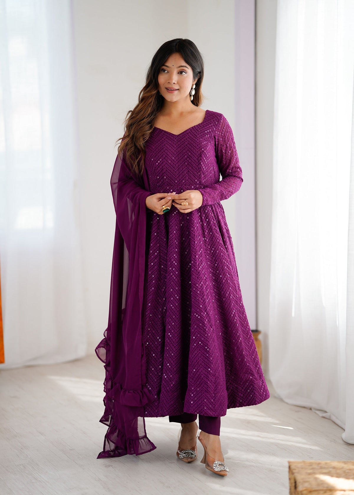 Lehenga Mart Wine Faux Georgette Classic Lukhnowi Georgette Fabric Anarkali Suit Set | Grocsy