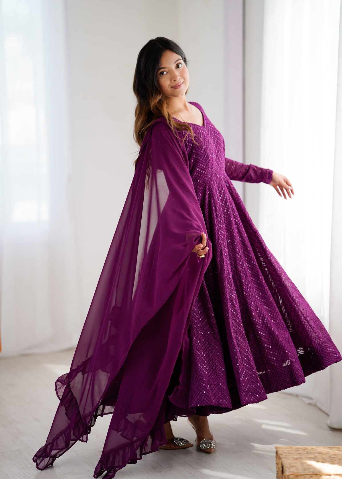 Lehenga Mart Wine Faux Georgette Classic Lukhnowi Georgette Fabric Anarkali Suit Set | Grocsy