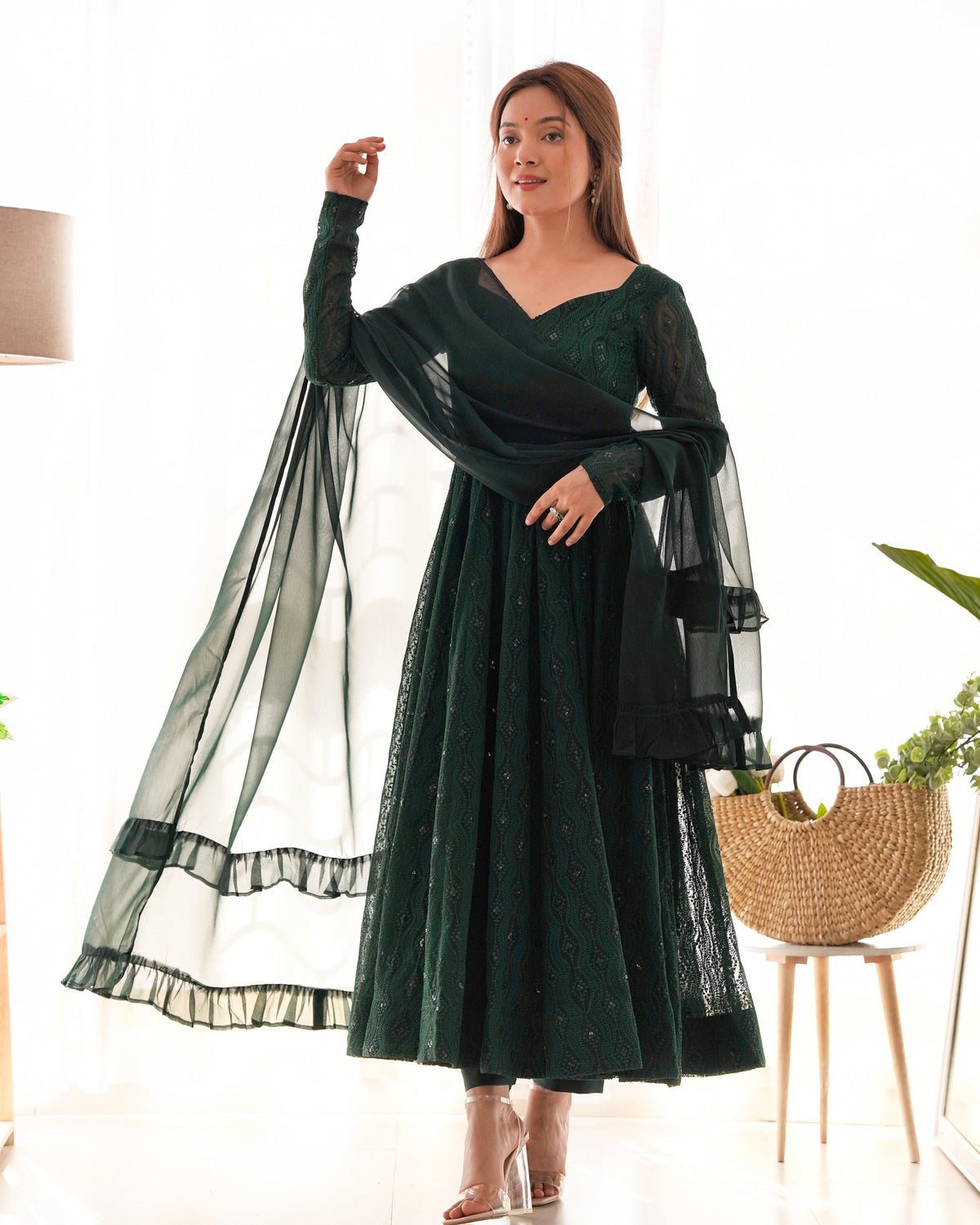 Lehenga Mart Green Faux Georgette Classic Lukhnowi Georgette Fabric Anarkali Suit Set | Grocsy