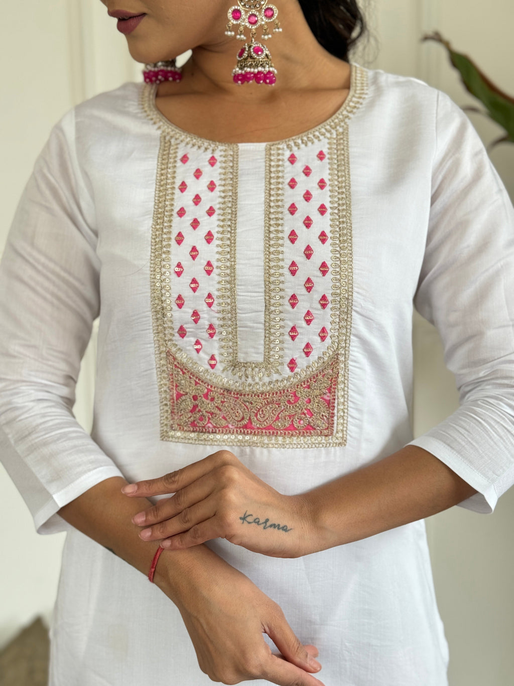 The52 Women's White Viscose Rayon Embroidered Straight Kurta with Pant And Dupatta Set | Grocsy