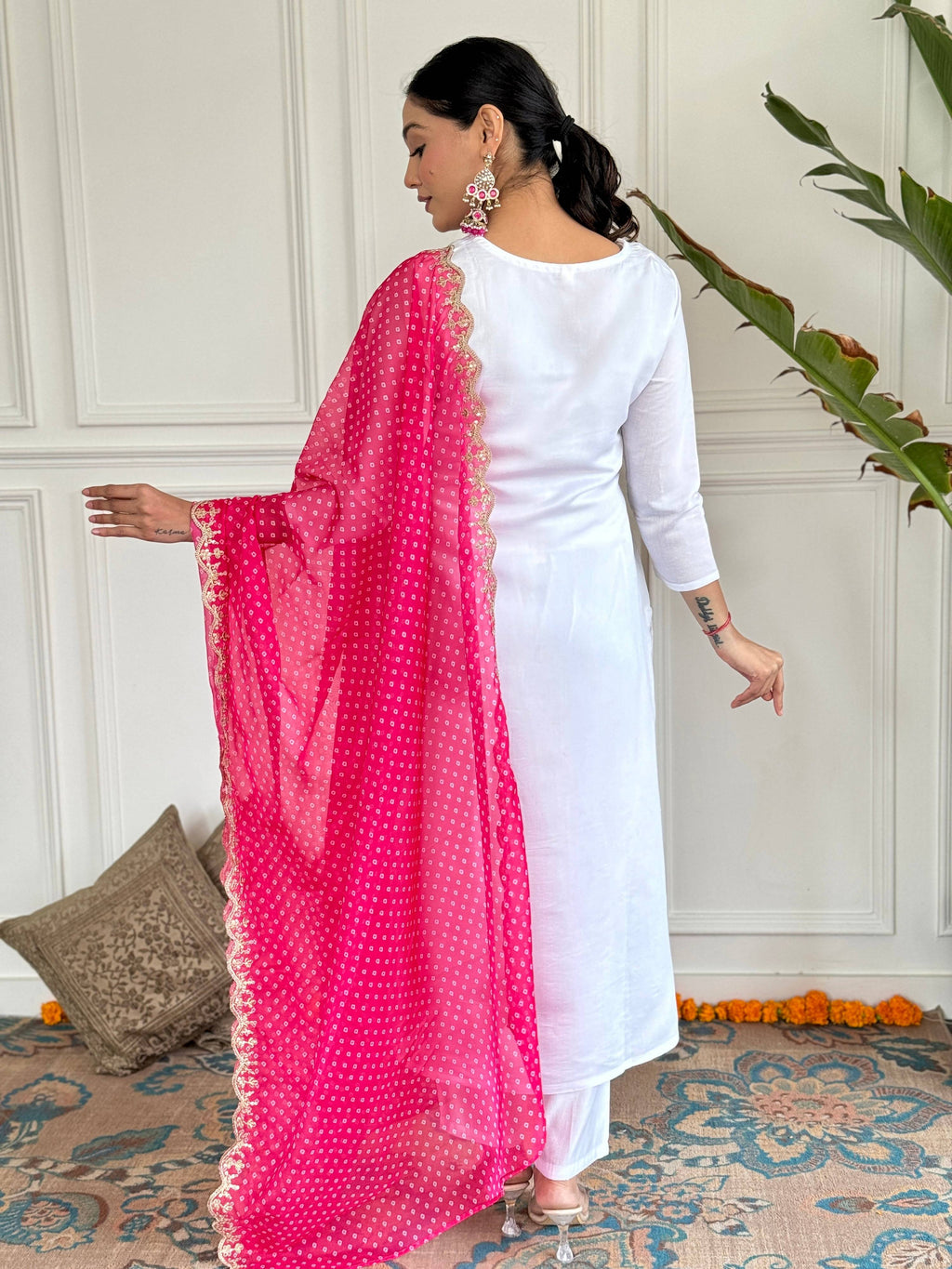 The52 Women's White Viscose Rayon Embroidered Straight Kurta with Pant And Dupatta Set | Grocsy