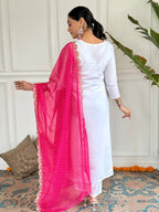 The52 Women's White Viscose Rayon Embroidered Straight Kurta with Pant And Dupatta Set | Grocsy