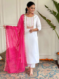 The52 Women's White Viscose Rayon Embroidered Straight Kurta with Pant And Dupatta Set | Grocsy