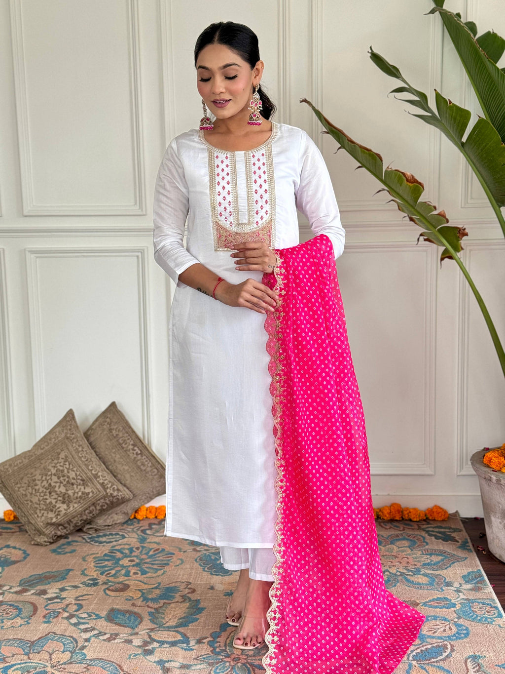 The52 Women's White Viscose Rayon Embroidered Straight Kurta with Pant And Dupatta Set | Grocsy