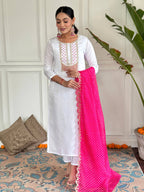 The52 Women's White Viscose Rayon Embroidered Straight Kurta with Pant And Dupatta Set | Grocsy