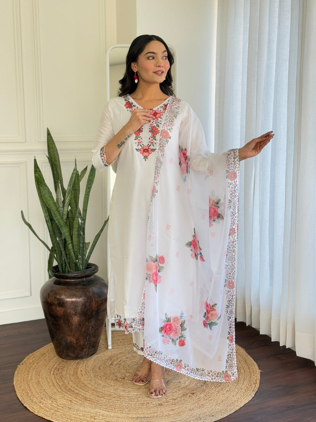 The52 Thread work on Viscose Fabric Straight Kurta, Pant and Dupatta Set | Grocsy