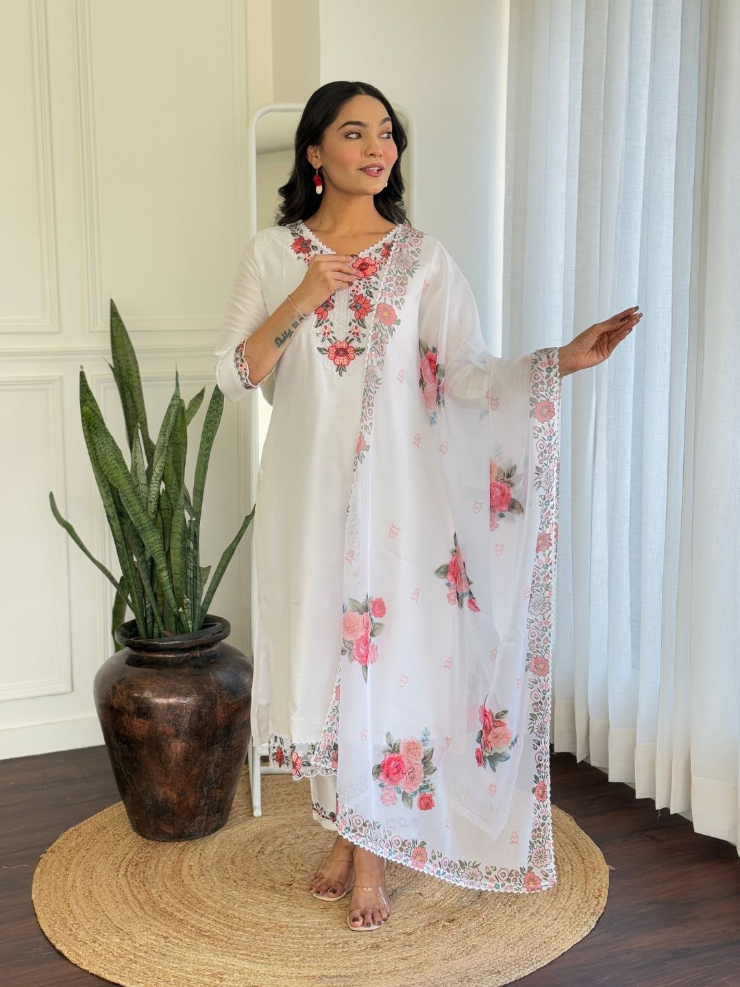 The52 Thread work on Viscose Fabric Straight Kurta, Pant and Dupatta Set | Grocsy