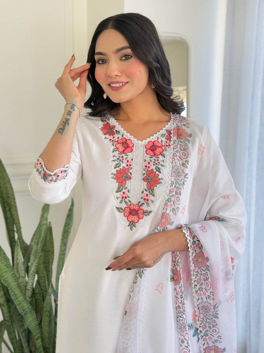 The52 Thread work on Viscose Fabric Straight Kurta, Pant and Dupatta Set | Grocsy