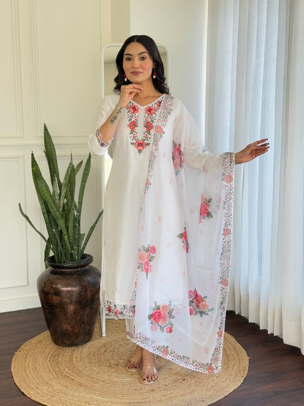The52 Thread work on Viscose Fabric Straight Kurta, Pant and Dupatta Set | Grocsy