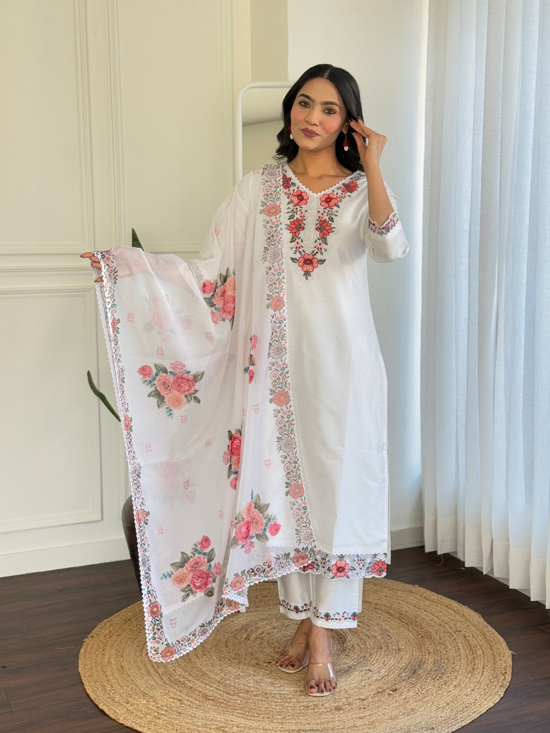 The52 Thread work on Viscose Fabric Straight Kurta, Pant and Dupatta Set | Grocsy