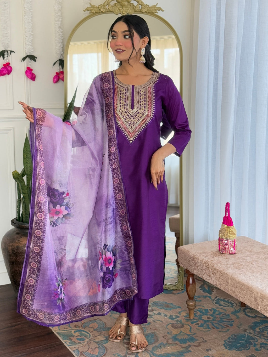 The52 Embroidered Rayon Fabric Straight Kurta, Pant and Dupatta Set | Grocsy