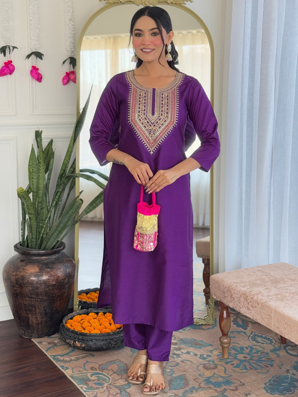 The52 Embroidered Rayon Fabric Straight Kurta, Pant and Dupatta Set | Grocsy