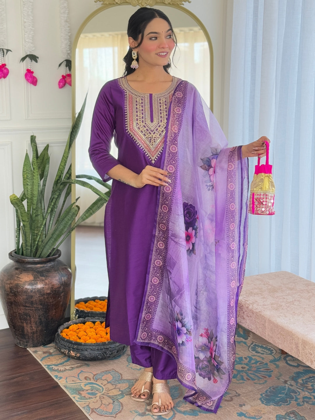 The52 Embroidered Rayon Fabric Straight Kurta, Pant and Dupatta Set | Grocsy