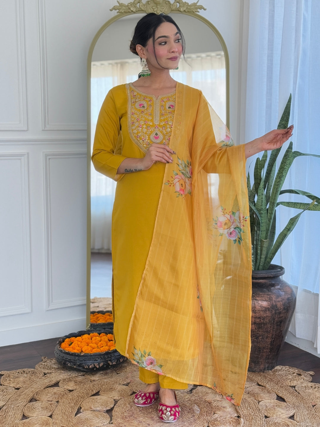 The52 Mustard Embroidered Rayon Fabric Straight Kurta, Pant and Dupatta Set | Grocsy