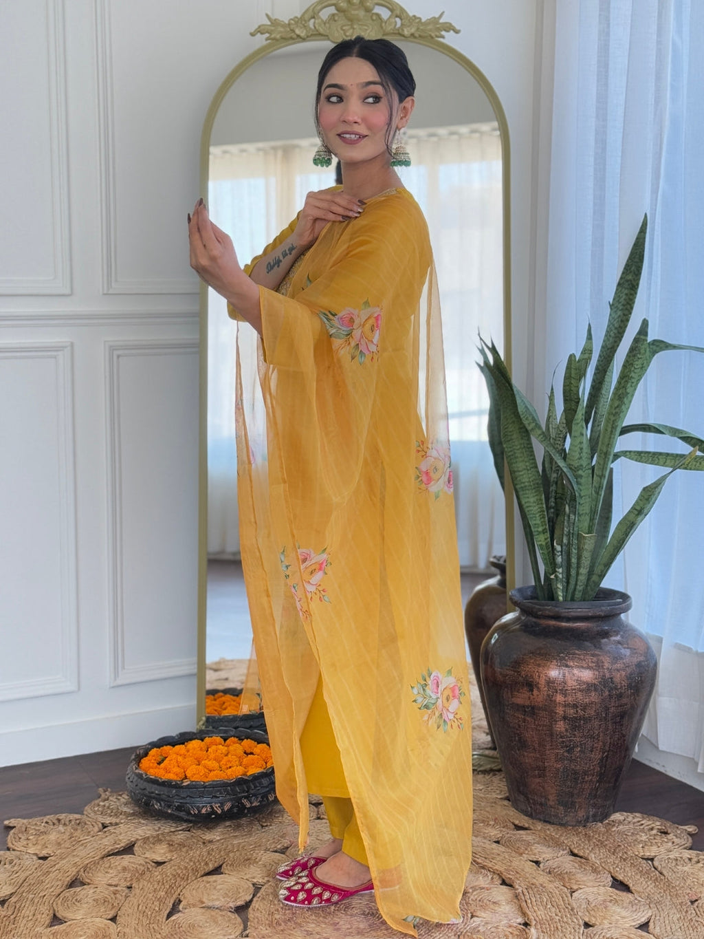 The52 Mustard Embroidered Rayon Fabric Straight Kurta, Pant and Dupatta Set | Grocsy