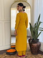 The52 Mustard Embroidered Rayon Fabric Straight Kurta, Pant and Dupatta Set | Grocsy
