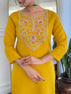 The52 Mustard Embroidered Rayon Fabric Straight Kurta, Pant and Dupatta Set | Grocsy