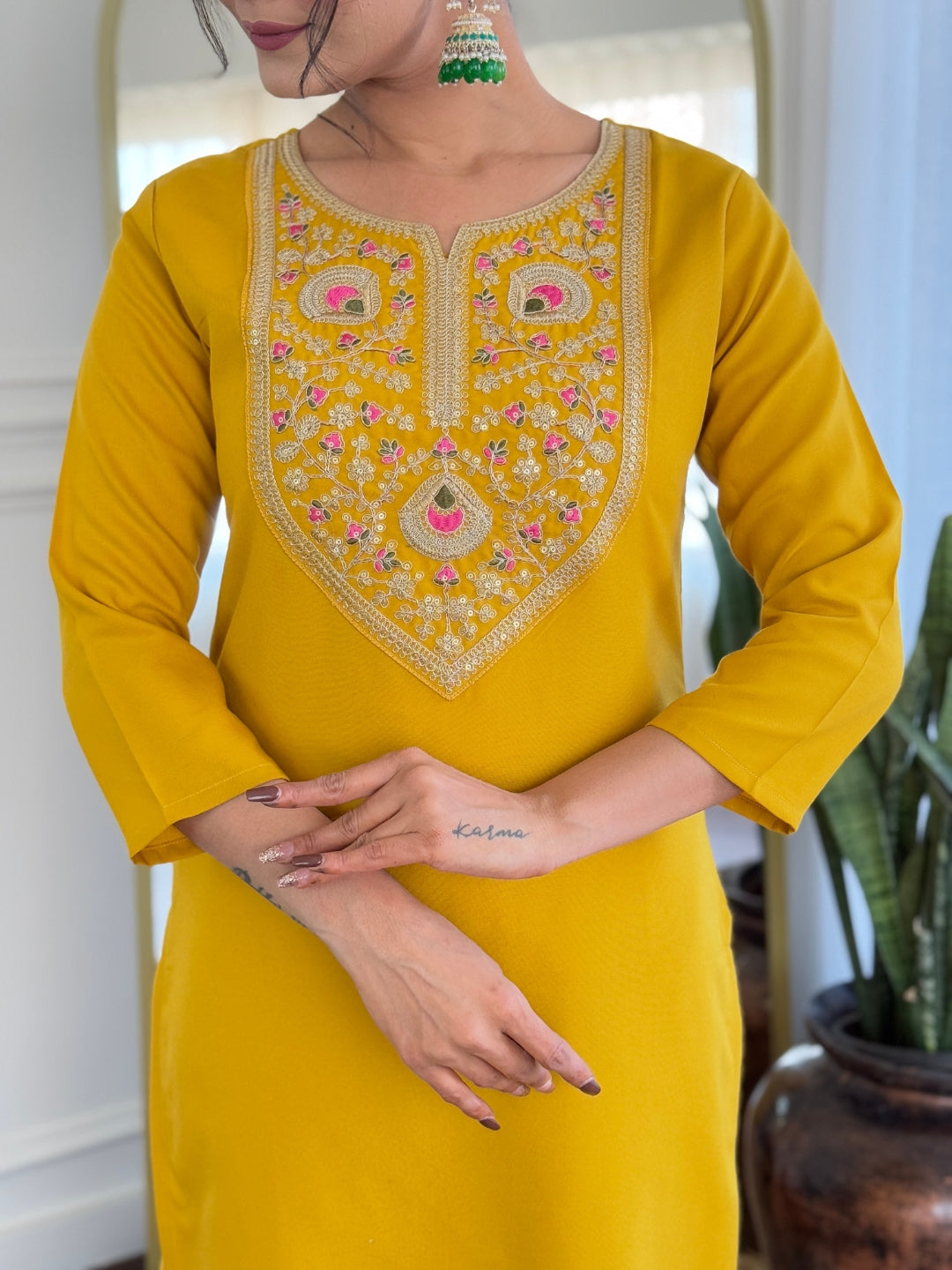 The52 Mustard Embroidered Rayon Fabric Straight Kurta, Pant and Dupatta Set | Grocsy