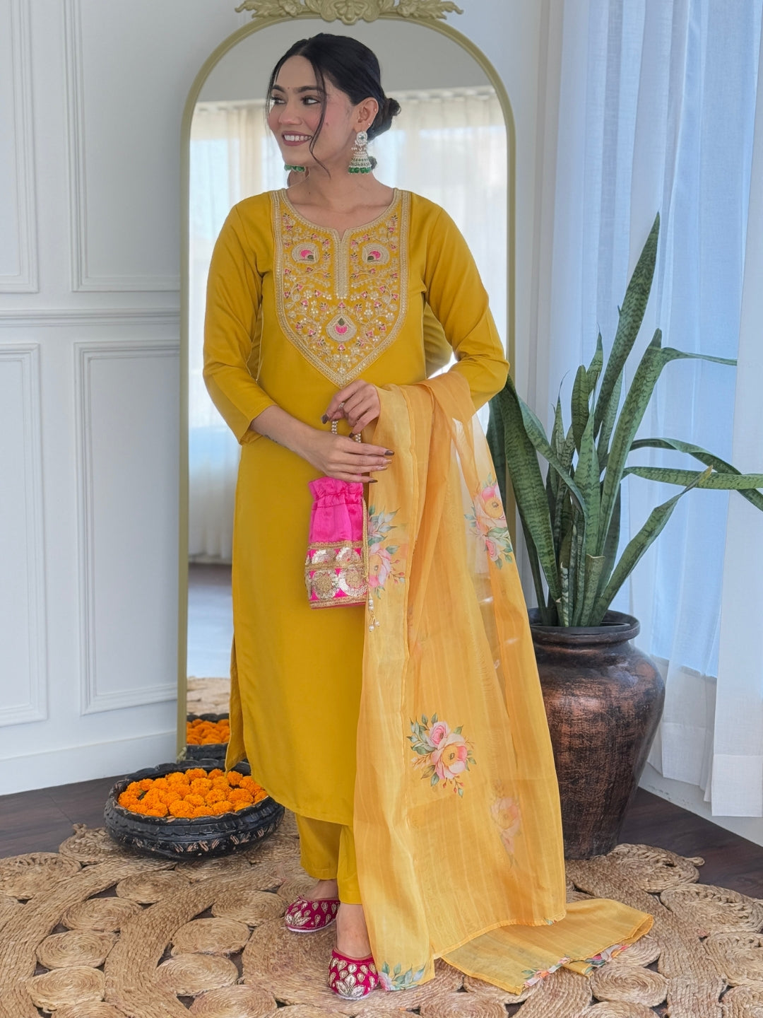 The52 Mustard Embroidered Rayon Fabric Straight Kurta, Pant and Dupatta Set | Grocsy