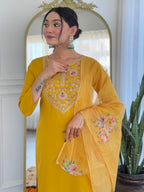 The52 Mustard Embroidered Rayon Fabric Straight Kurta, Pant and Dupatta Set | Grocsy