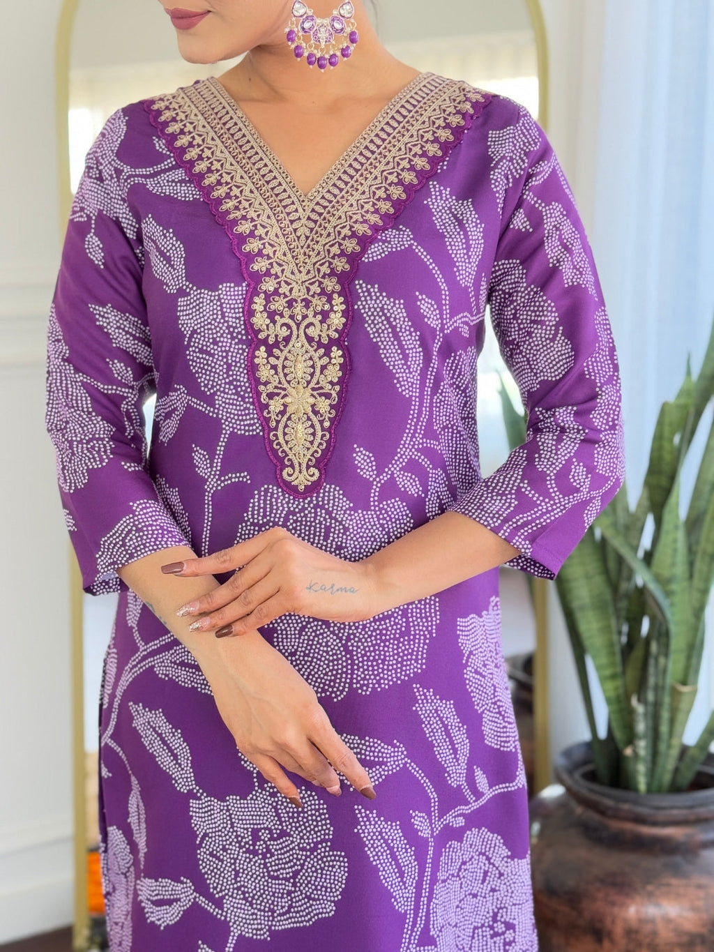 The52 Purple Embroidered Rayon Fabric Straight Kurta, Pant and Dupatta Set | Grocsy