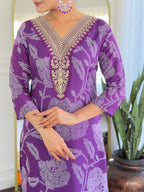 The52 Purple Embroidered Rayon Fabric Straight Kurta, Pant and Dupatta Set | Grocsy