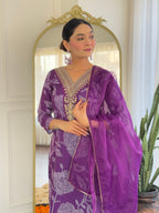 The52 Purple Embroidered Rayon Fabric Straight Kurta, Pant and Dupatta Set | Grocsy