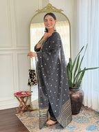 The52 Women's Black Embroidered Cotton Slub Fabric Straight Kurta, Pant and Dupatta Set | Grocsy